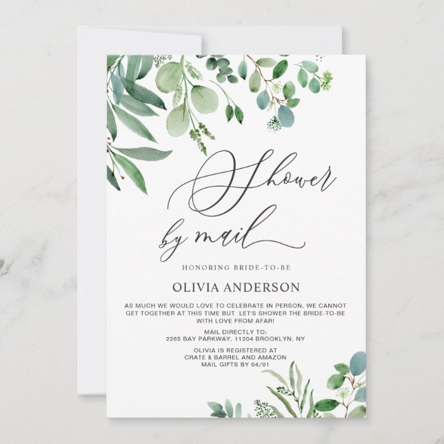 Elegant Eucalyptus Foliage Bridal Shower by Mail Invitation (Front)