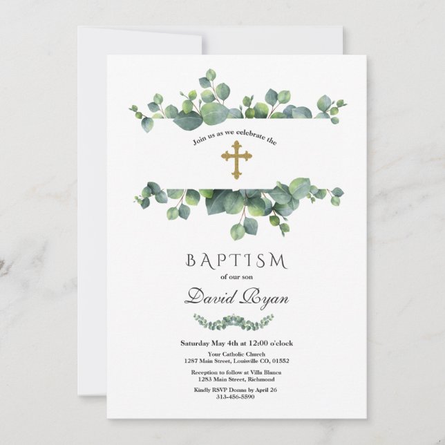 Elegant Eucalyptus Foliage Frame Gold Baptism Invitation (Front)
