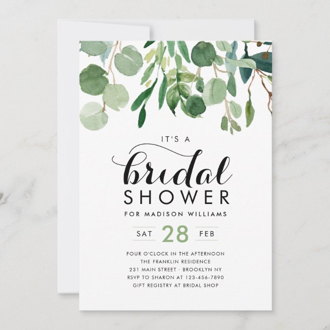 Elegant Eucalyptus Foliage Greenery Bridal Shower Invitation (Front)