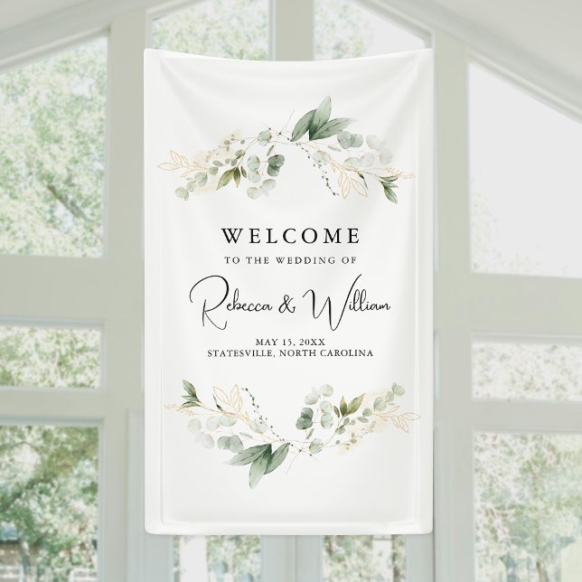 Elegant Eucalyptus Foliage Wedding Welcome Banner (Add elegance to your wedding with a fancy vertical banner, perfect for stunning decor and photos!)