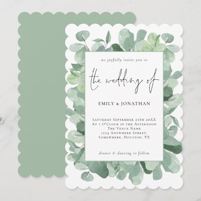 Elegant Eucalyptus Frame Script Wedding Invitation (Front/Back)