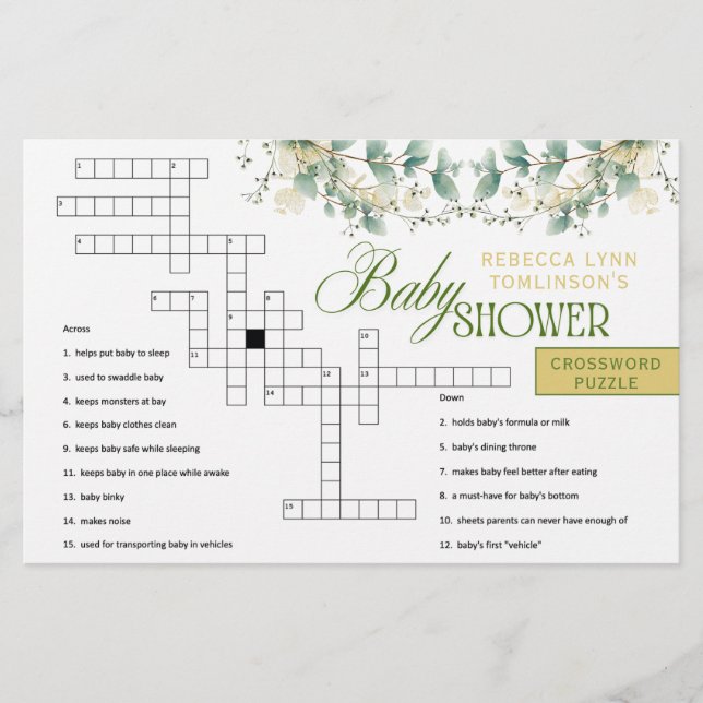 Elegant Eucalyptus Gender Neutral Baby Shower Game Stationery (Front)