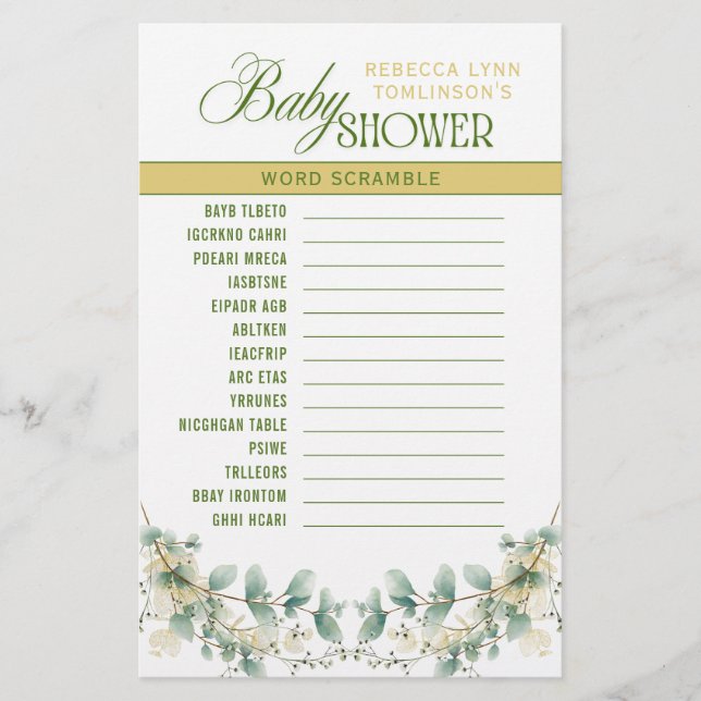 Elegant Eucalyptus Gender Neutral Baby Shower Game Stationery (Front)