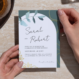 Elegant Eucalyptus & Gold Accents Arch Theme Invitation