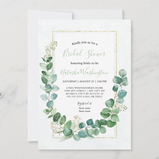 Elegant Eucalyptus Gold Bridal Shower Invitation (Front)