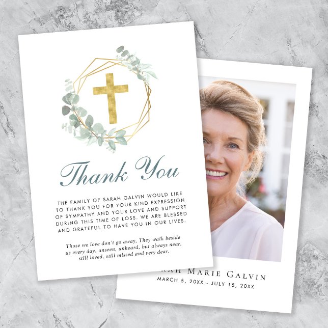 Elegant Eucalyptus Gold Cross Photo Memorial Thank You Card (Creator Uploaded)