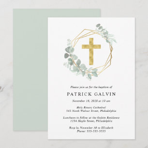 Elegant Eucalyptus Gold Cross Watercolor Baptism Invitation