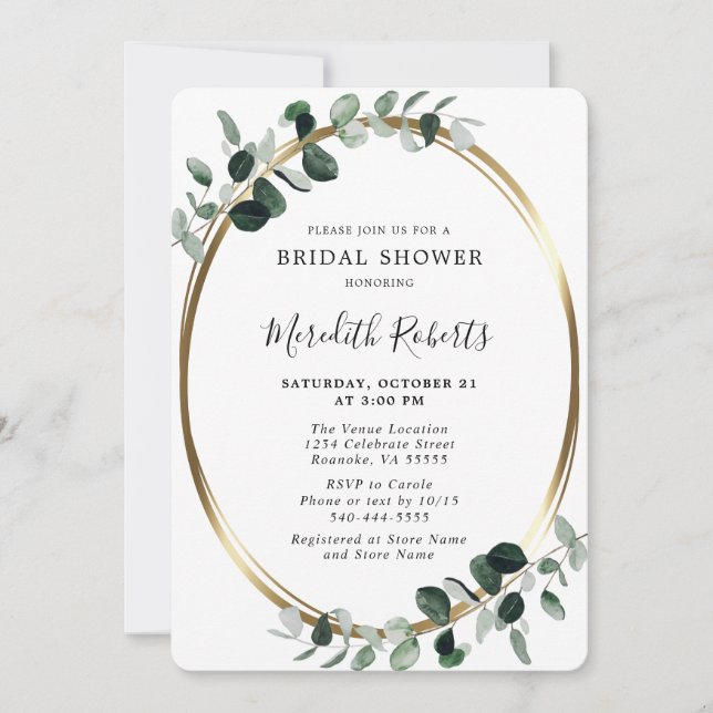 Elegant Eucalyptus Gold Foil Bridal Shower Invitat Invitation (Front)