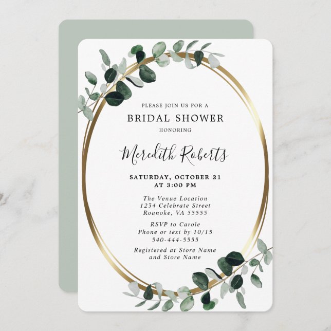 Elegant Eucalyptus Gold Foil Bridal Shower Invitation (Front/Back)