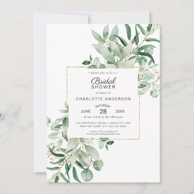 Elegant Eucalyptus + gold frame bridal shower Invi Invitation (Front)