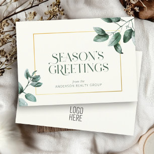 Elegant Eucalyptus Gold Frame Business Logo Holiday Card