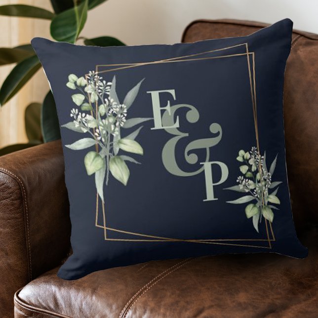 Elegant Eucalyptus Gold Frame Monogram Initials  Cushion (Creator Uploaded)