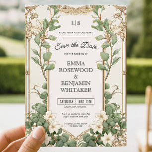 Elegant Eucalyptus Gold Frame Save the Date Card
