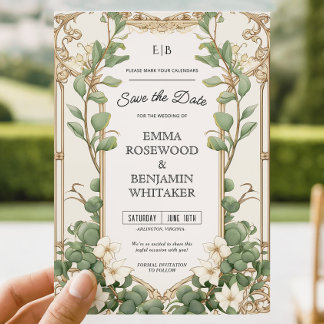 Elegant Eucalyptus Gold Frame Save the Date Card