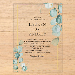 Elegant Eucalyptus Gold Frame Wedding Acrylic Invitations