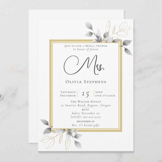 Elegant Eucalyptus Gold Future Mrs. Bridal Shower Invitation (Front/Back)