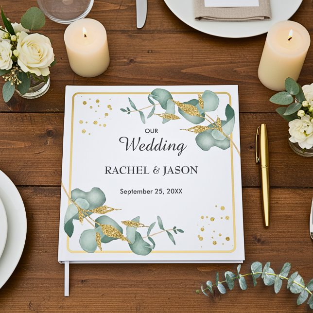 Elegant Eucalyptus Gold Glitter Greenery Wedding Guest Book (Beautiful Botanical Eucalyptus Leaves Gold Glitter Personalized Wedding Guestbook Keepsake)