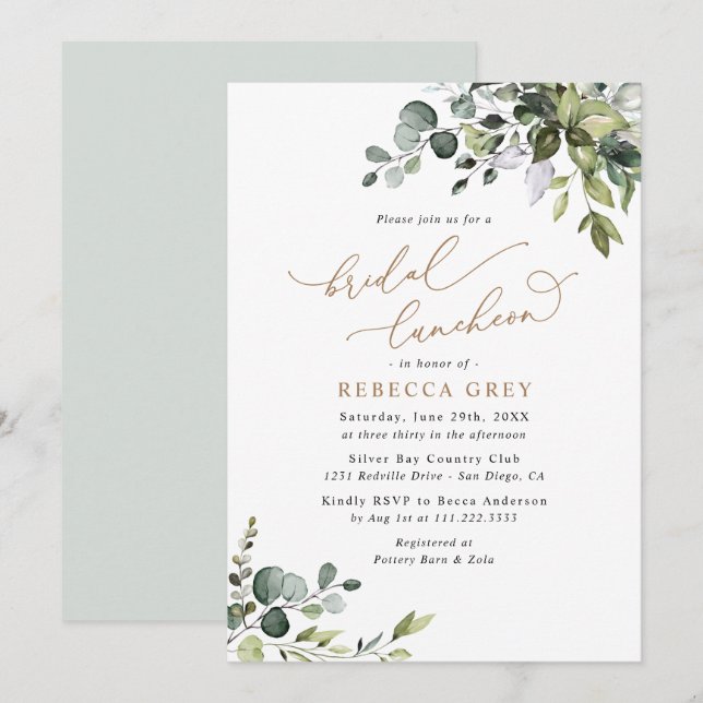 Elegant Eucalyptus Gold Greenery Bridal Luncheon Invitation (Front/Back)