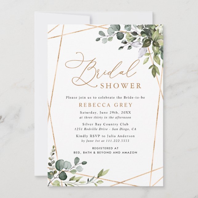 Elegant Eucalyptus Gold Greenery Bridal Shower Invitation (Front)