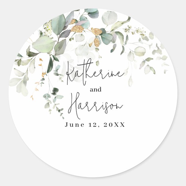 Elegant Eucalyptus Gold Greenery Wedding  Classic Round Sticker (Front)