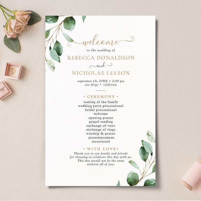 Elegant Eucalyptus Gold Greenery Wedding Program (Creator Uploaded)