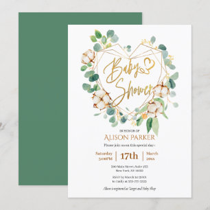 Elegant Eucalyptus Gold Heart Wreath Baby Shower Invitation
