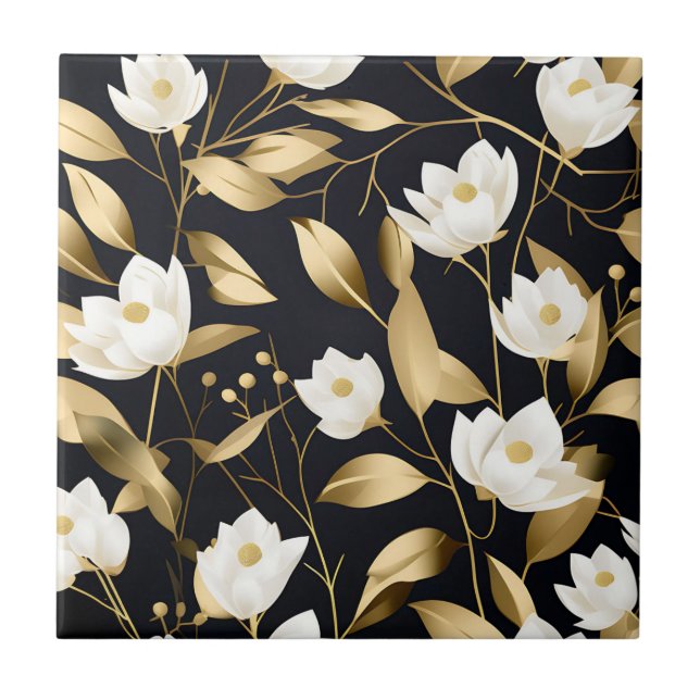 Elegant Eucalyptus Gold on Black Tile (Front)