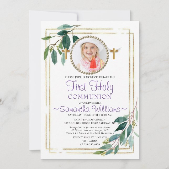 Elegant Eucalyptus Golden 1st Communion Invitation (Front)