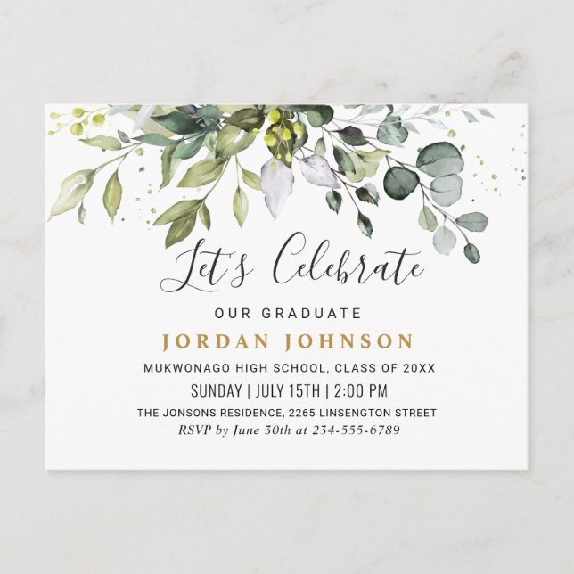 Elegant Eucalyptus Graduation Party Invitation Postcard (Front)