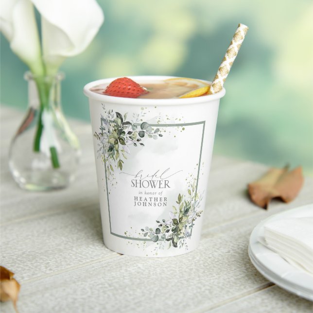 Elegant Eucalyptus Green Botanical Bridal Shower Paper Cups (Insitu)
