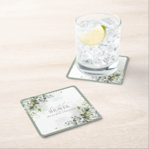Elegant Eucalyptus Green Botanical Bridal Shower Square Paper Coaster