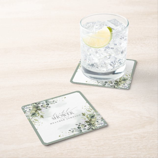 Elegant Eucalyptus Green Botanical Bridal Shower Square Paper Coaster (Insitu)