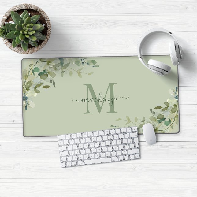 Elegant Eucalyptus Green Botanical Monogram Desk Mat (Modern Sage Green Eucalyptus Greenery Monogram Desk Mat)