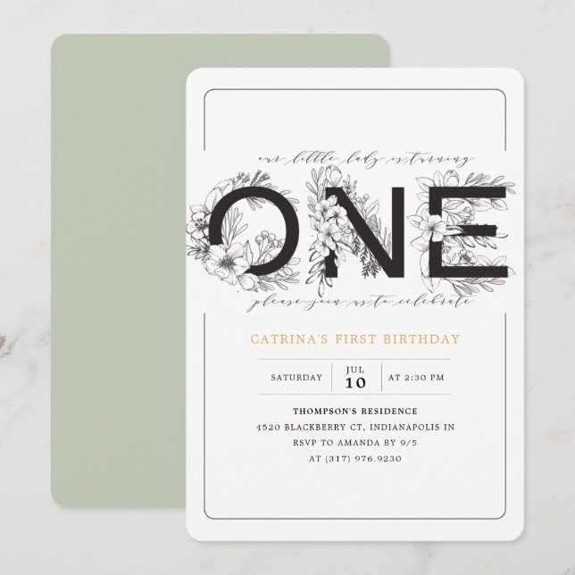 Elegant Eucalyptus Green Floral Girl 1st Birthday Invitation (Front/Back)