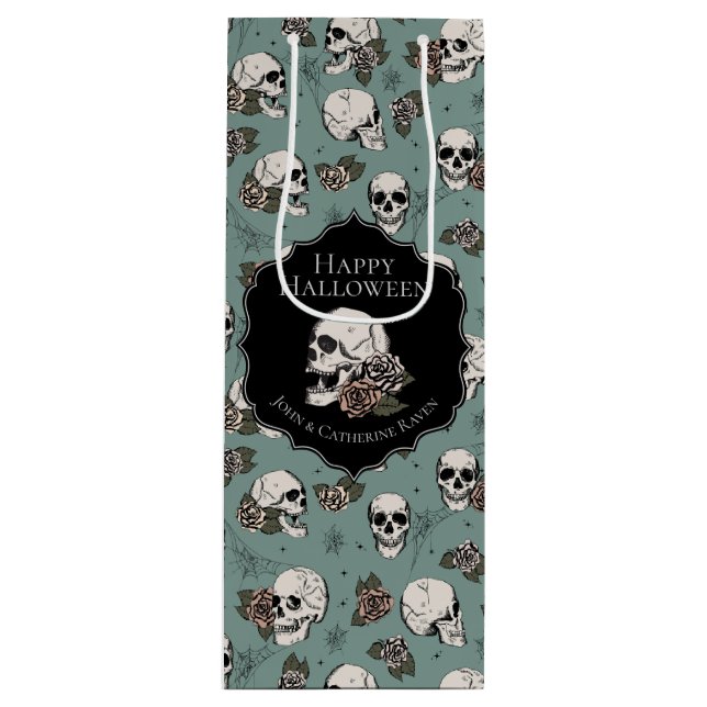 Elegant Eucalyptus Green Floral Skulls Halloween Wine Gift Bag (Front)
