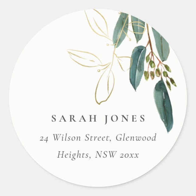 ELEGANT EUCALYPTUS GREEN GOLD FOLIAGE ADDRESS LABE CLASSIC ROUND STICKER (Front)