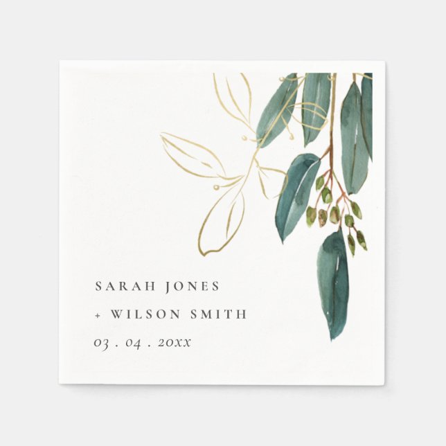 Elegant Eucalyptus Green Gold Foliage Wedding Napkin (Front)