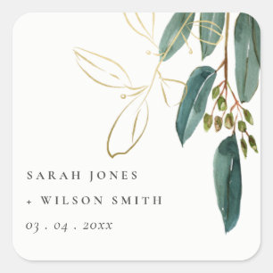 ELEGANT EUCALYPTUS GREEN GOLD FOLIAGE WEDDING SQUARE STICKER