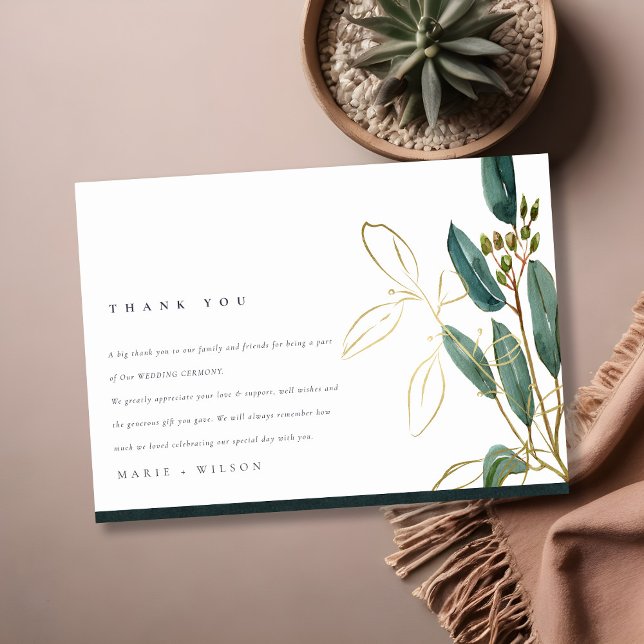 Elegant Eucalyptus Green Gold Foliage Wedding  Thank You Card (Creator Uploaded)