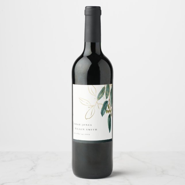 ELEGANT EUCALYPTUS GREEN GOLD FOLIAGE WEDDING  WINE LABEL (Front)