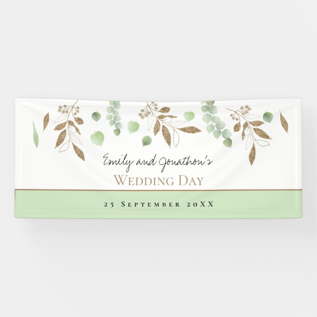 Elegant Eucalyptus Green Gold Names Date Wedding Banner (Horizontal)