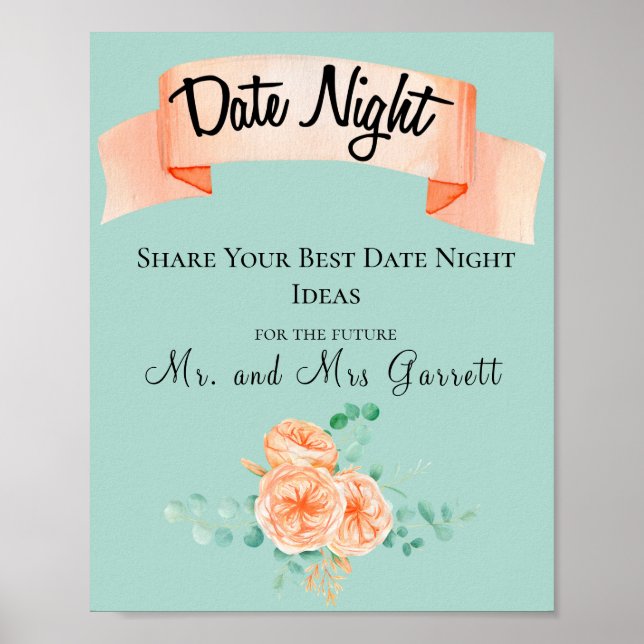 Elegant Eucalyptus Green Peach Date Night Sign (Front)