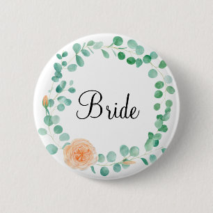Elegant Eucalyptus Green Peach Floral Bride 6 Cm Round Badge