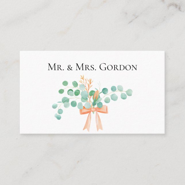 Elegant Eucalyptus Green Peach Floral Escort Card (Front)