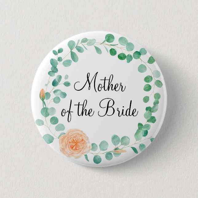 Elegant Eucalyptus Green Peach Mother of the Bride 6 Cm Round Badge (Front)