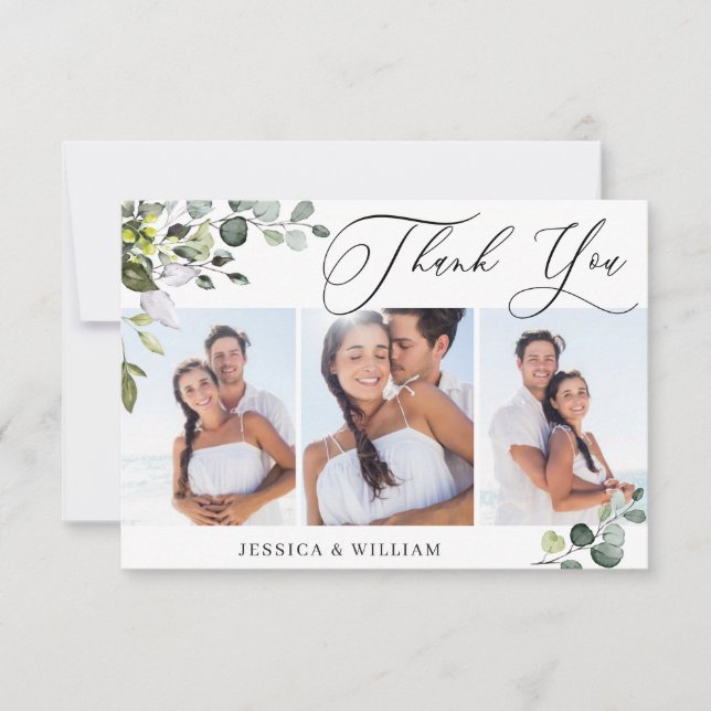 Elegant Eucalyptus Greenery 3 PHOTO Wedding Thank You Card (Front)