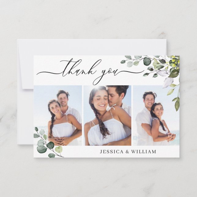 Elegant Eucalyptus Greenery 3 PHOTO Wedding Thank You Card (Front)