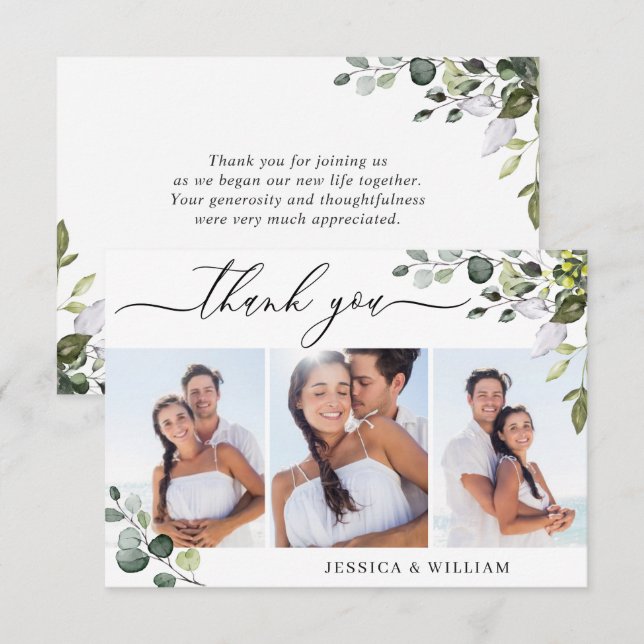 Elegant Eucalyptus Greenery 3 PHOTO Wedding Thank You Card (Front/Back)