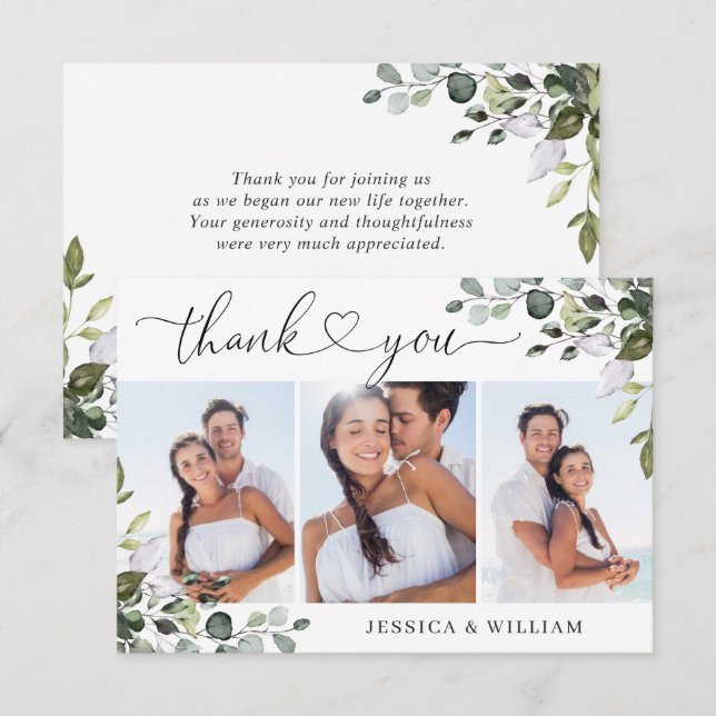 Elegant Eucalyptus Greenery 3 PHOTO Wedding Thank You Card (Front/Back)