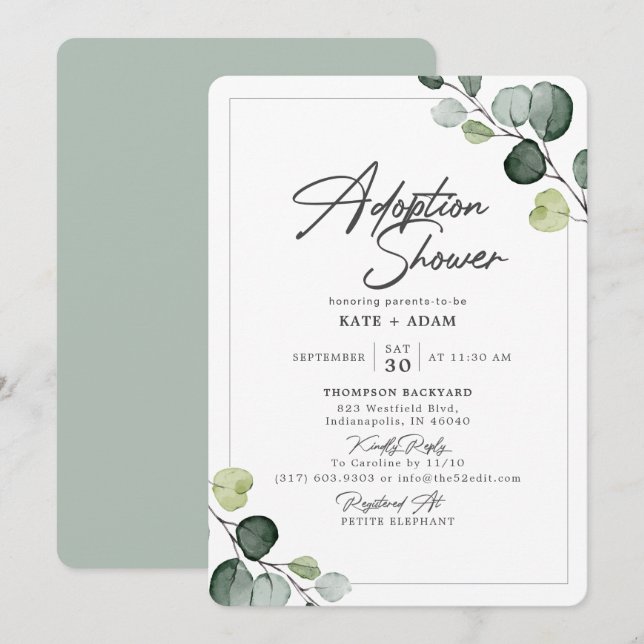 Elegant Eucalyptus Greenery Adoption Baby Shower Invitation (Front/Back)